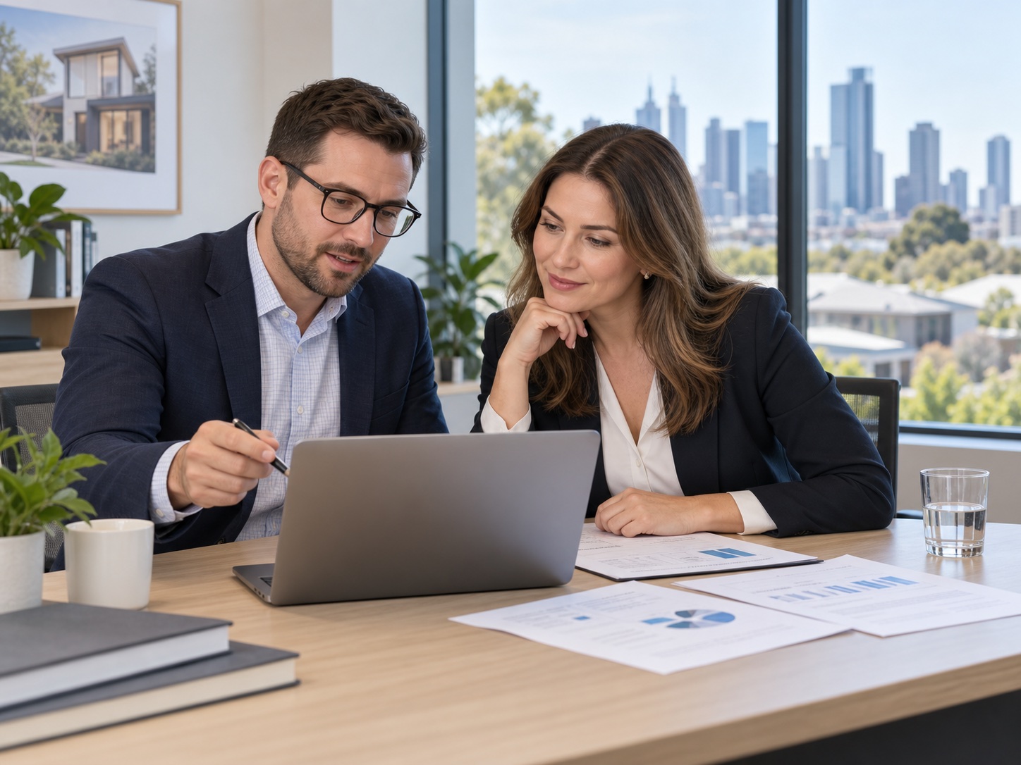 Accountant and mortgage adviser reviewing a home-loan scenario in Melbourne
