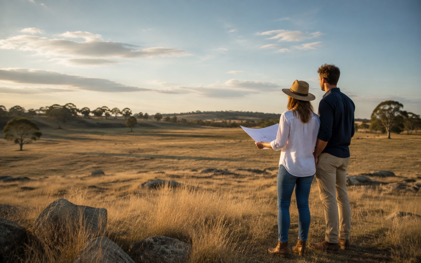 Owner-builder reviewing plans on a Victorian residential site