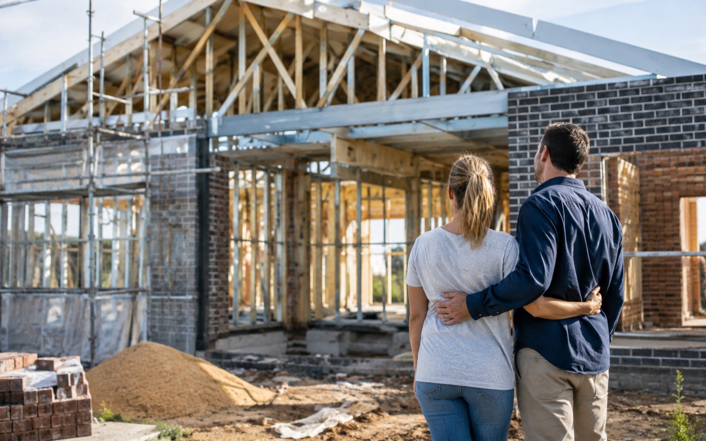Builder and homeowner reviewing construction progress on site