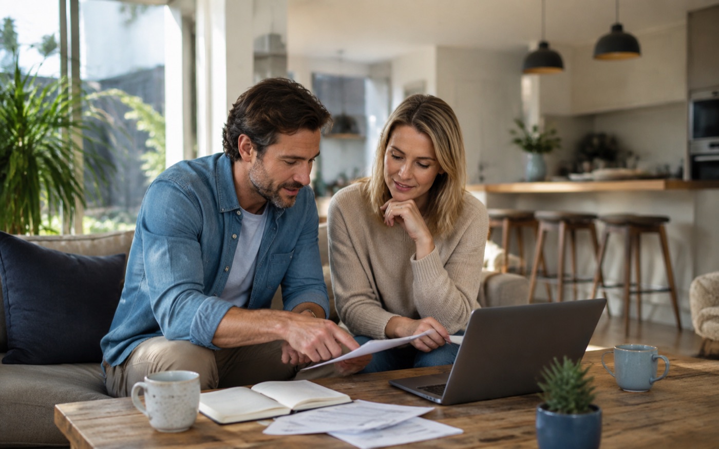 Home owners reviewing equity and investment property finance calculations