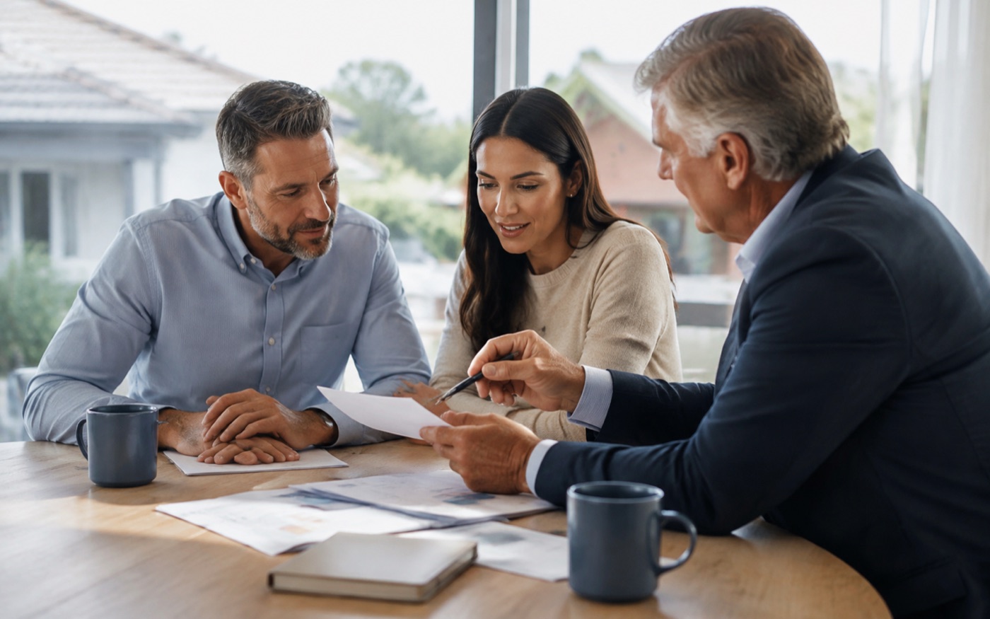 Property investors and adviser reviewing a multi-property lending plan