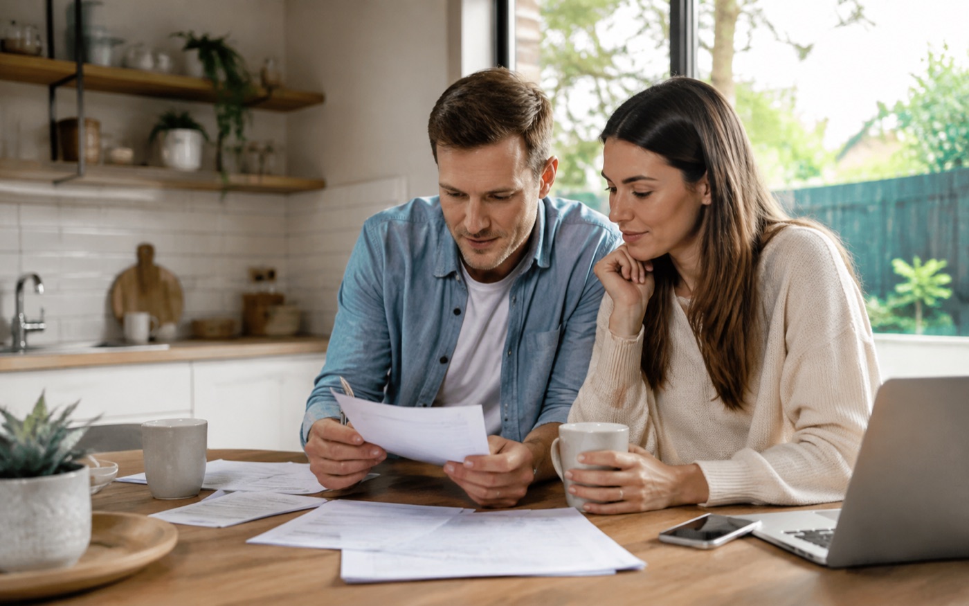 Borrower and family guarantor preparing home-loan documents