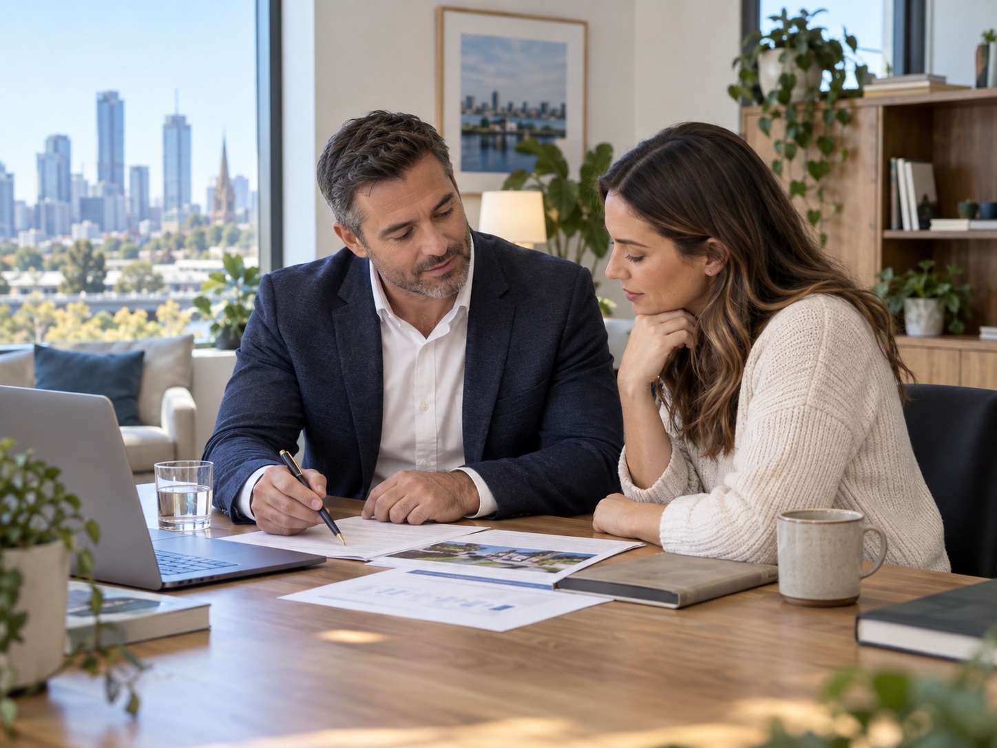 Borrower and mortgage adviser reviewing documents and planning home-loan next steps