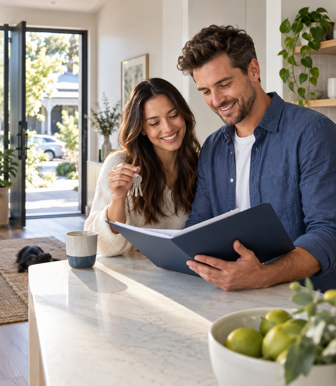 Home buyers reviewing their mortgage options and new house keys