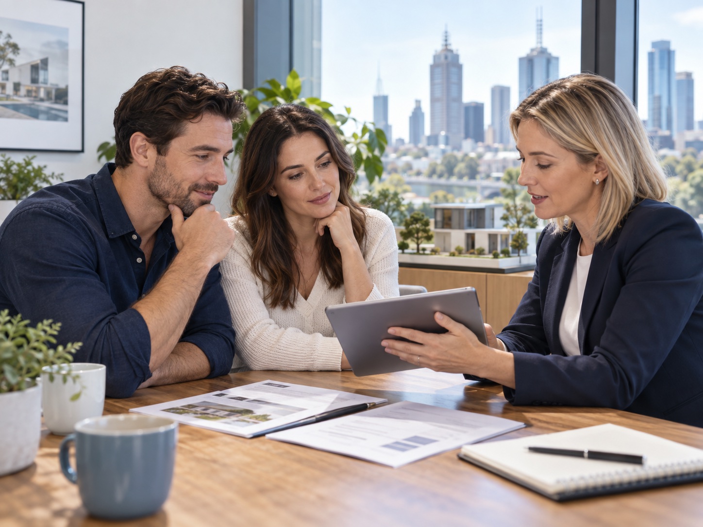 Professional couple comparing home-loan and deposit options with a mortgage adviser